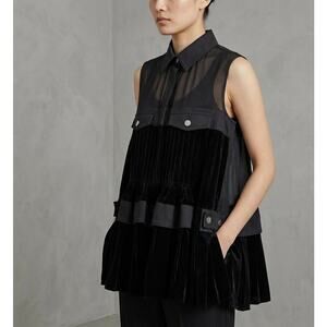 Sacai Japan Black Cotton/Velour Sleeveless Blouse Top, size 3/L/US 10